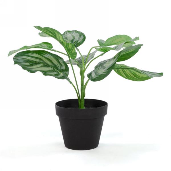 Plante artificielle feuillage vert et blanc dans un pot noir