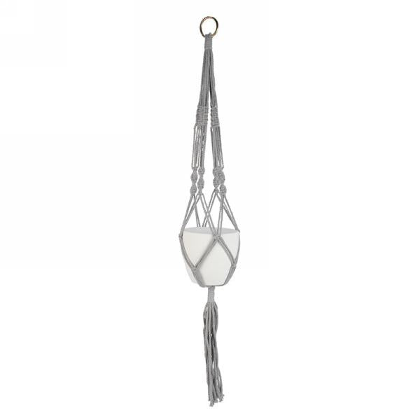 Jardinière en macramé gris avec un pot en verre