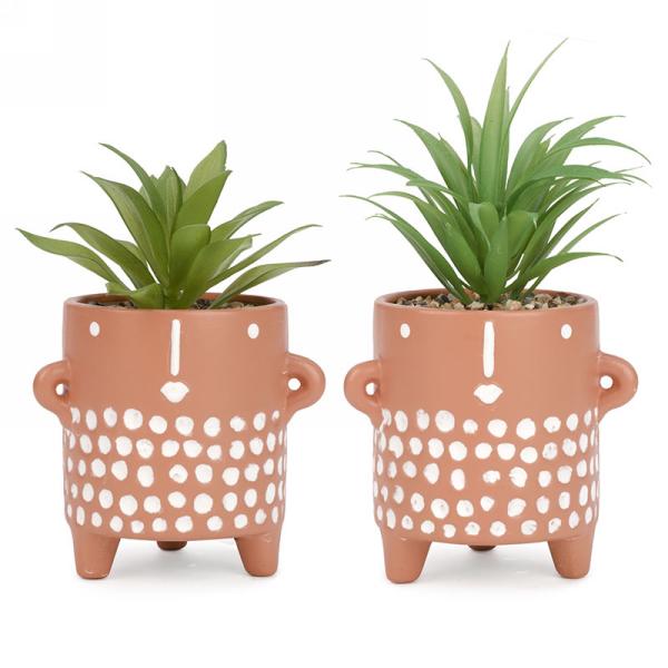 Plante verte artificielle 3,5 po x 7 po dans un pot brun terracotta et pois blanc