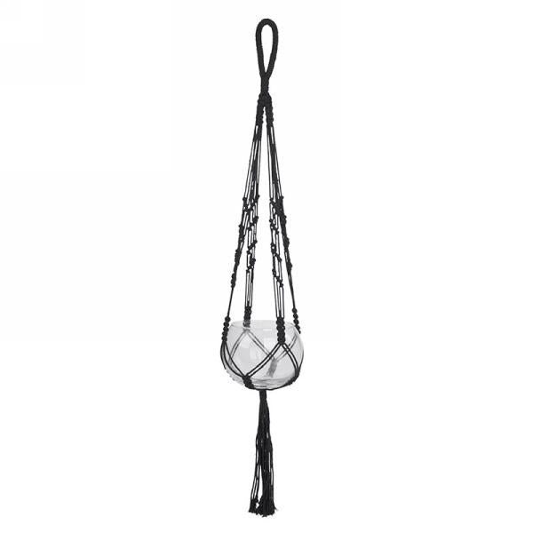 Jardinière suspendue 6 po x 36 po en macramé noir avec un pot en verre