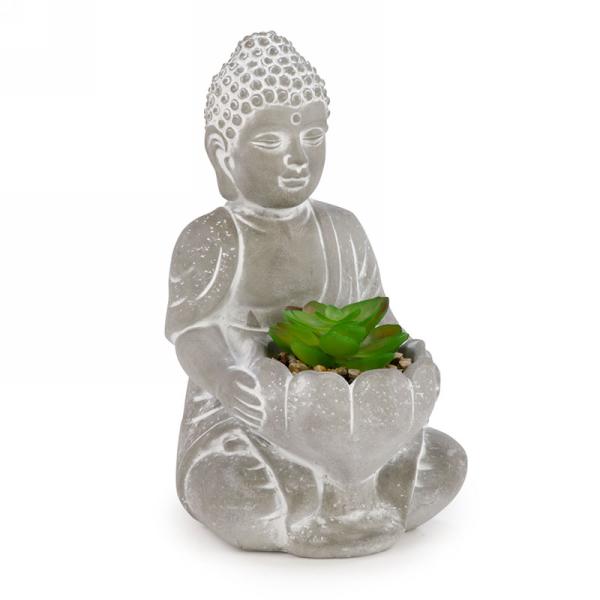 Bouddha gris avec plante succulente artificielle 5 po x 8,5 po