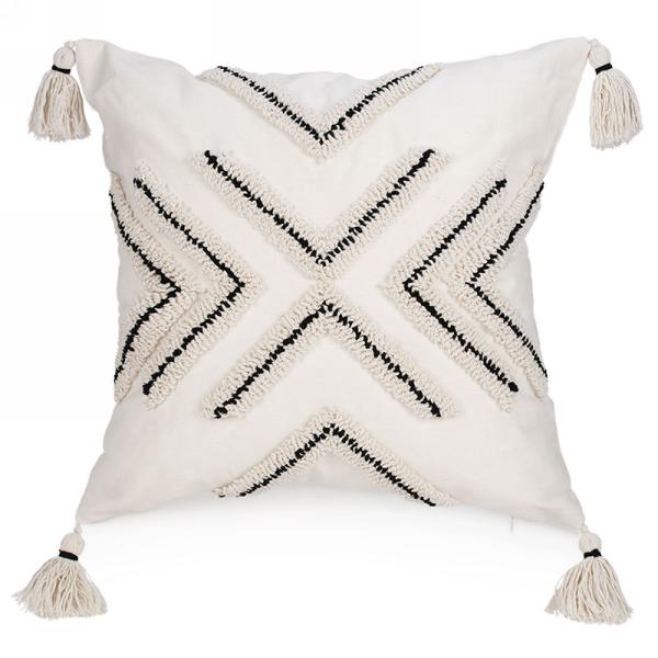 Coussin 17 po x 17 po touffeté noir et ivoire avec glands