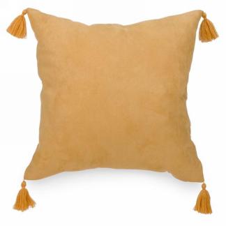 Coussin 17 po x 17 po en suède avec glands jaune moutarde
