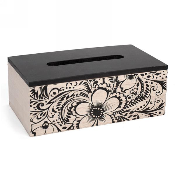 Boîte à mouchoir décorative naturel avec fleurs noires  10 po x 6 po x 3 po