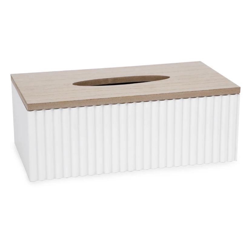 Boite à mouchoirs en bois naturel et blanc à rainures