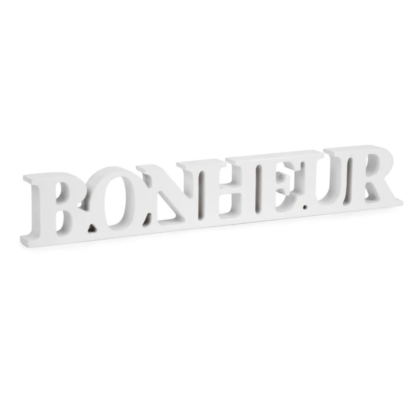 Déco en bois blanc "Bonheur" 13 po x 2,3 po
