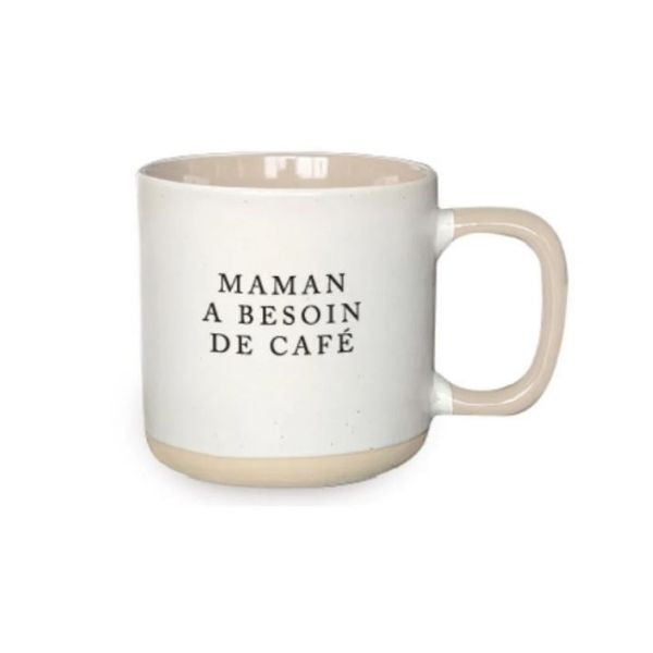 Tasse à café blanche et beige "Maman a besoin de café"
