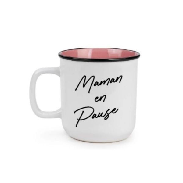 Tasse à café blanche "Maman en pause" intérieure rose