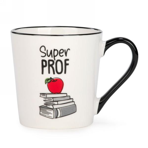 Tasse blanche avec dessins de livres et pomme "Super prof"