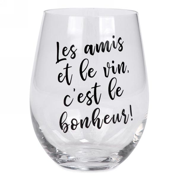 Verre à vin 3,5 po x 5 po "les amis et le vin, c'est le bonheur!"