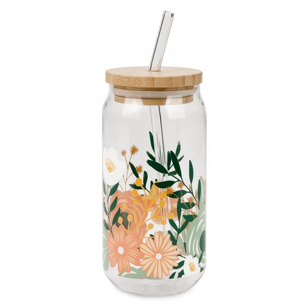 Verre avec couvercle et paille Fleurs et feuillages