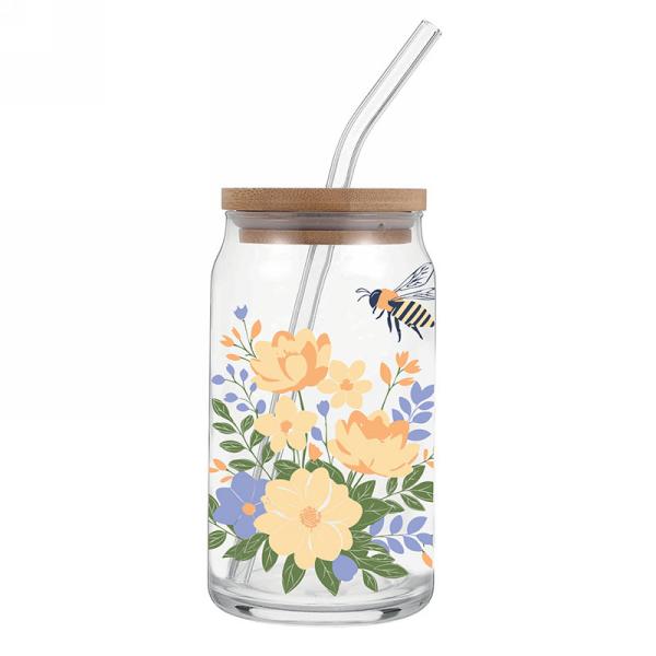 Verre avec paille et couvercle fleurs jaunes avec abeille
