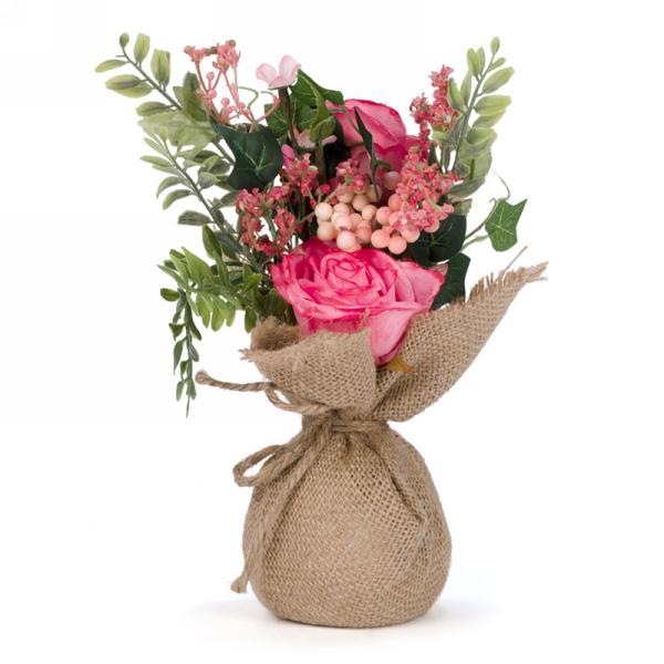 Bouquet de fleurs artificielles roses avec base en jute 3,5 po x 10 po