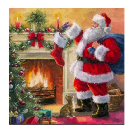 Serviette de table en papier 3 plis Père Noël près du foyer (paquet de 20)