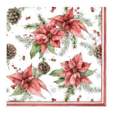 Serviette de table en papier 3 plis poinsettias rouges et cocottes (paquet de 20)