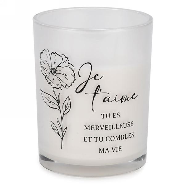 Chandelle parfumée pot en verre 4 po x 5 po blanche Je t'aime