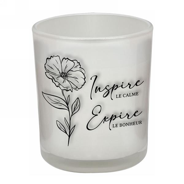 Chandelle parfumée pot en verre 4 po x 5 po blanche Calme & bonheur