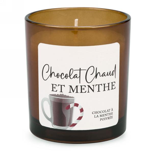 Chandelle parfumée 3 po x 4 po dans un pot en verre ambré chocolat chaud et menthe