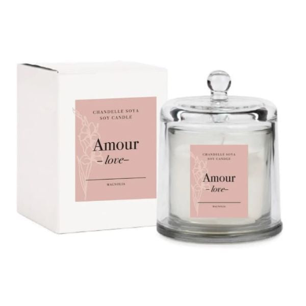 Chandelle de soya amour sous une cloche en verre - magnolia