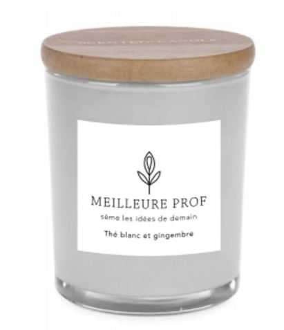 Chandelle parfumée dans un pot en verre avec couvercle en bois "meilleur prof" (odeur thé blanc et gingembre)