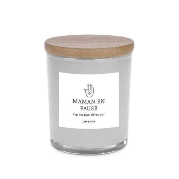 Chandelle parfumée à la lavande dans un pot en verre "Maman en pause. Svp ne pas déranger" avec couvercle en bois