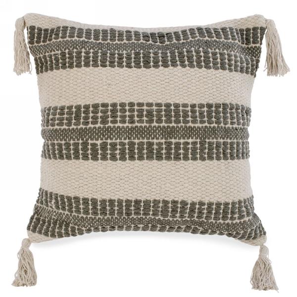 Coussin 17 po x 17 po beige et gris avec pompons