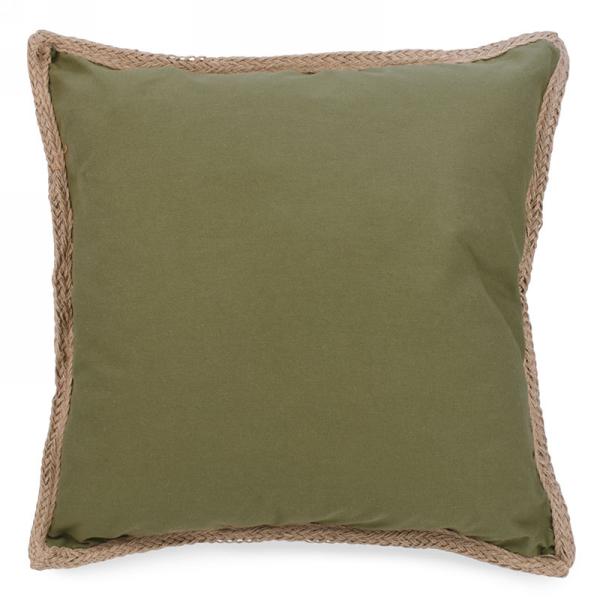 Coussin 17 po x 17 po vert olive bordure en jute