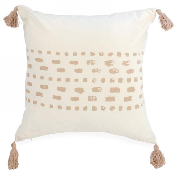 Coussin 17 po x 17 po motif beige avec glands