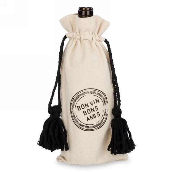Sac à bouteille de vin en tissu beige "Bon vin, bons amis"