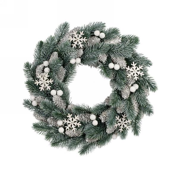 Couronne de pin de Noël avec flocon et boules blanches 14 po