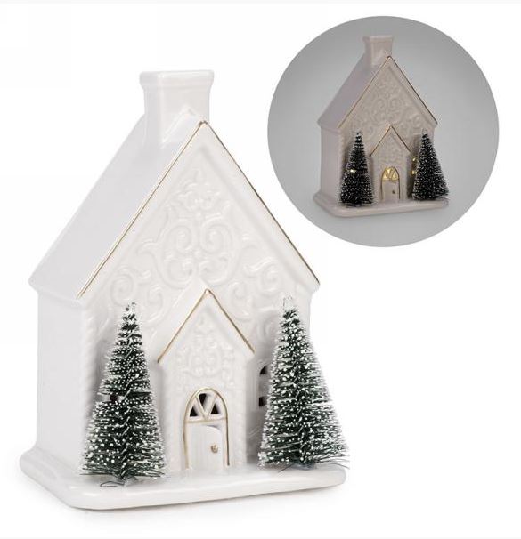 Église lumineuse en céramique blanche 5 po x 3,5 x 7 po