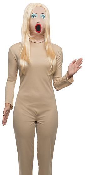 Perruque adulte femme blonde et masque de poupée gonflable