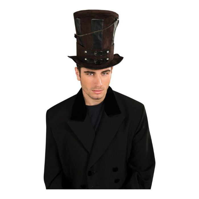 Chapeau haut-de-forme brun avec chaîne et boucle Steampunk