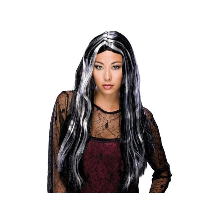 Perruque adulte femme noire avec mèche blanche 24 po