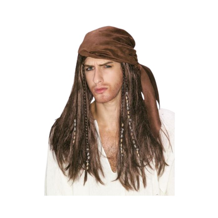 Perruque adulte homme brun long Pirates des Caraïbes