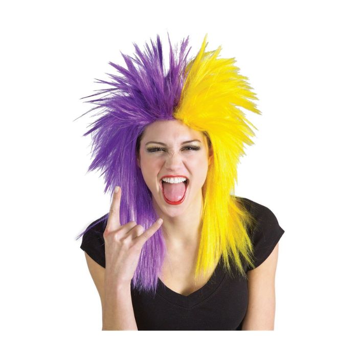 Perruque adulte femme mauve et jaune fanatique de sport