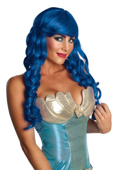 Perruque adulte femme bleue longue avec frange sirène
