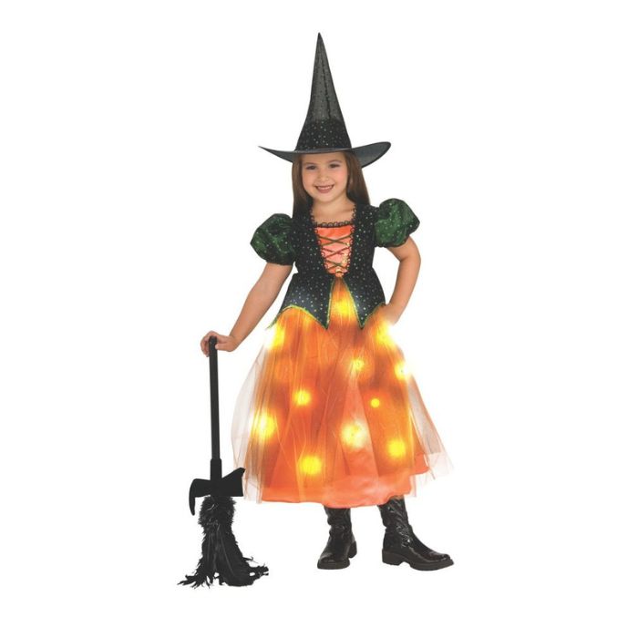 Costume enfant sorcière robe orange illuminée (S)