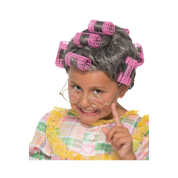 Perruque enfant grise avec bigoudis roses