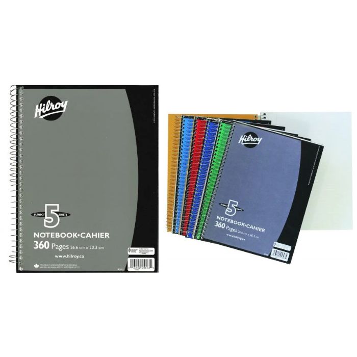 Cahier spirale 8 po x 10,5 po 5 sujets 360 pages Hilroy