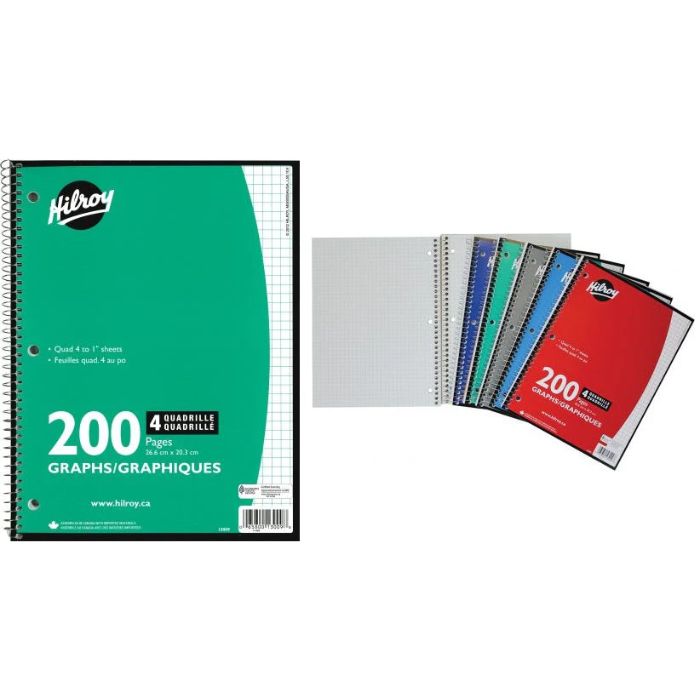 Cahier spirale quadrillé (4 carrés/pouce) 8 po x 10,5 po 200 pages (100 feuilles) Hilroy