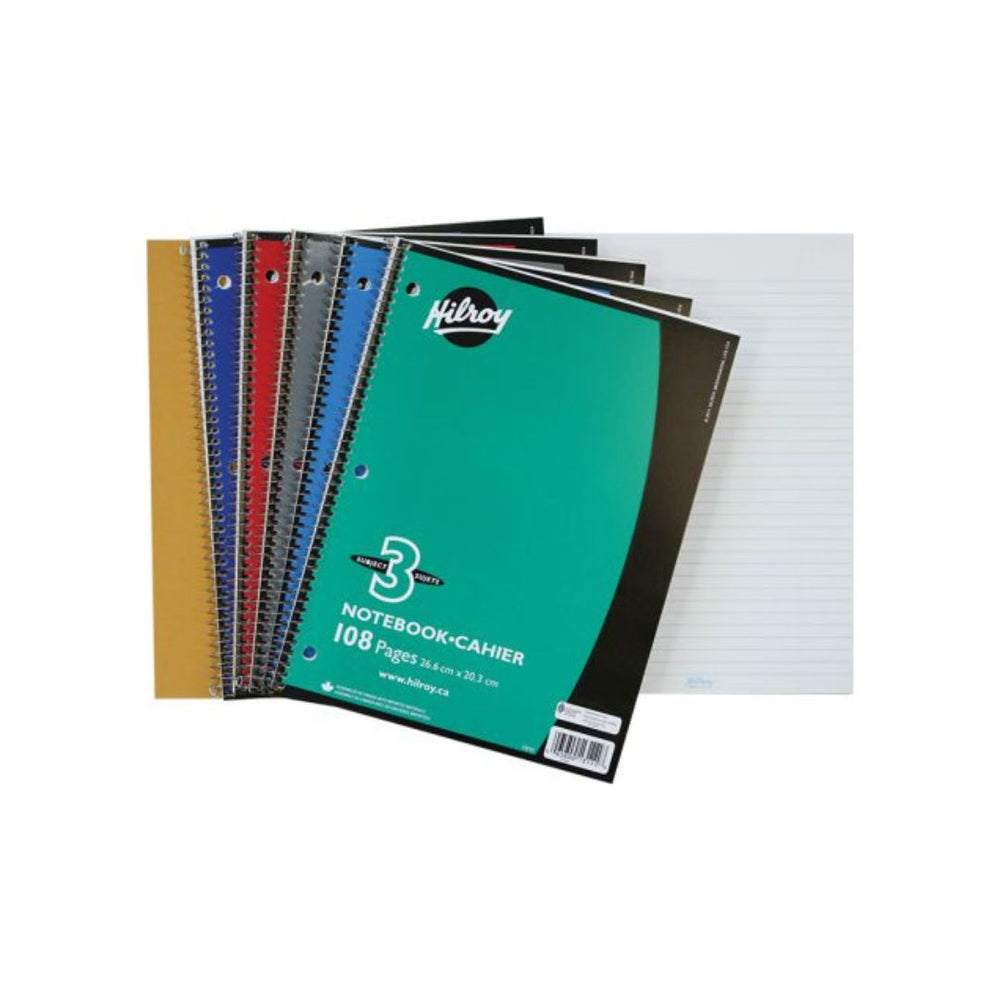 Cahier spirale 8 po x 10,5 po 3 sujets 108 pages (54 feuilles) Hilroy