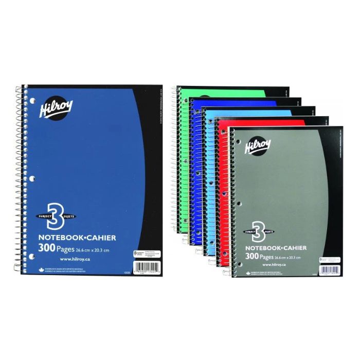 Cahier spirale 8 po x 10,5 po 3 sujets 300 pages Hilroy