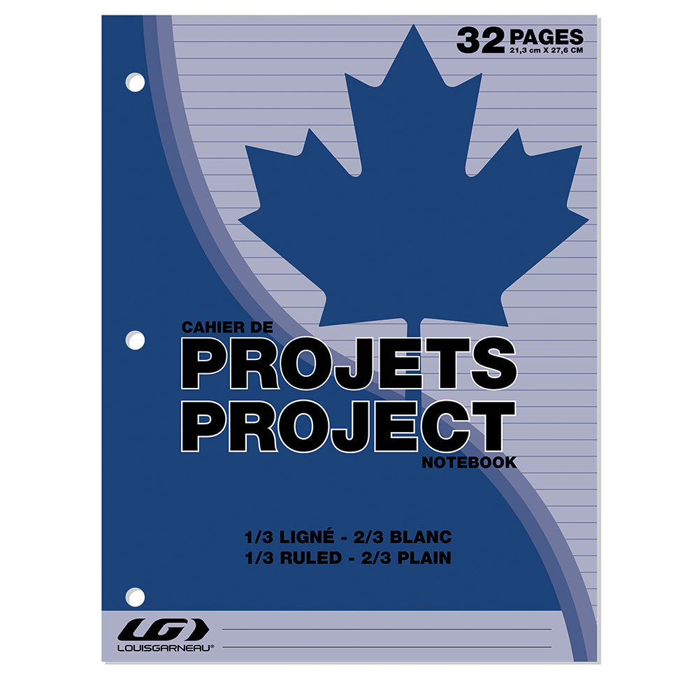 Cahier de projet interligné 1/3 page 8,5 po x 11 po 32 pages Louis Garneau bleu