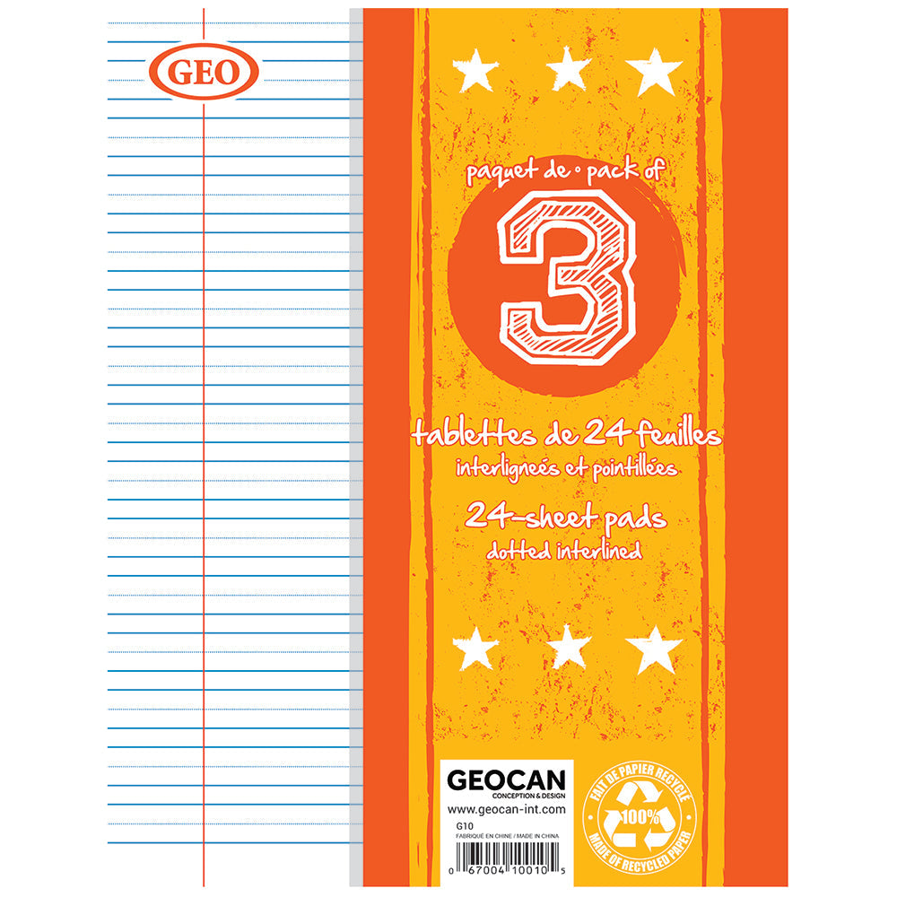 Tablette interlignée pointillée 7 po x 9 po 24 feuilles (paquet de 3)
