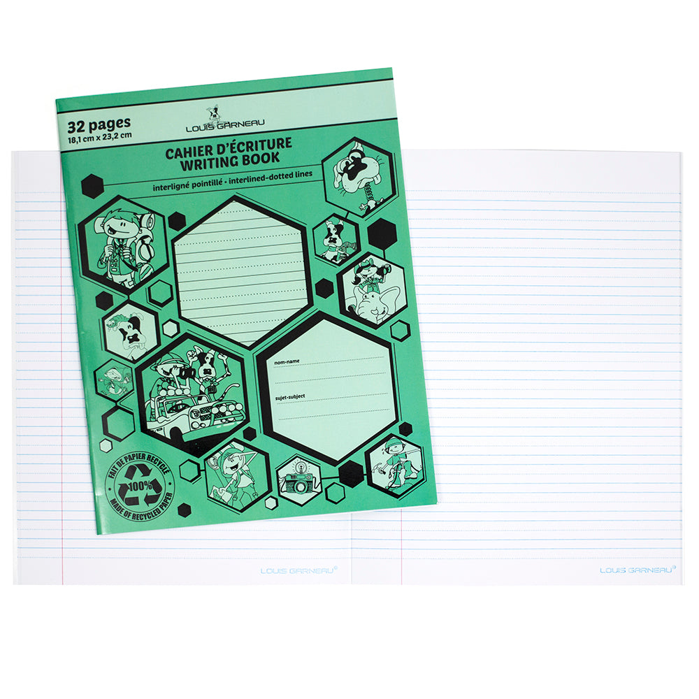 Cahier d'écriture interligné pointillé 7 po x 9 po 32 pages Louis Garneau (LG10) vert
