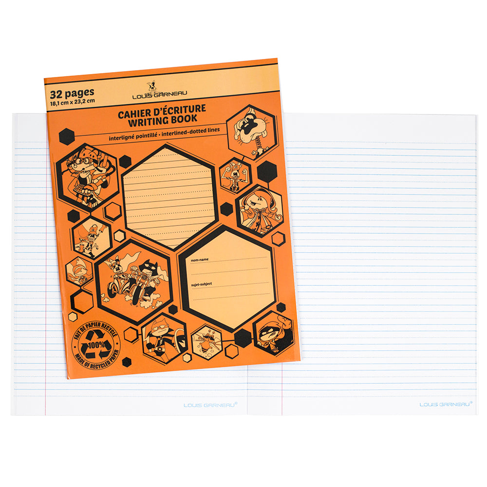 Cahier d'écriture interligné pointillé 7 po x 9 po 32 pages Louis Garneau (LG10) orange