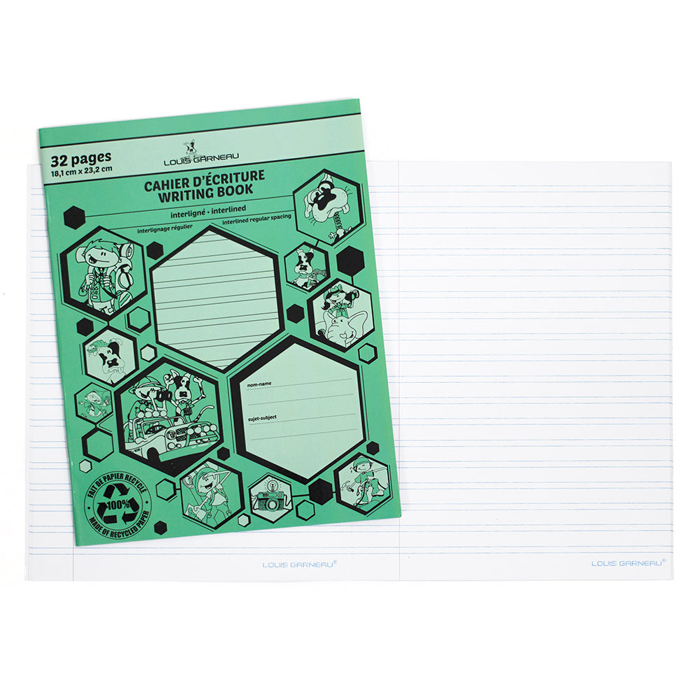 Cahier d'écriture interligné 7 po x 9 po 32 pages Louis Garneau (LG20) vert
