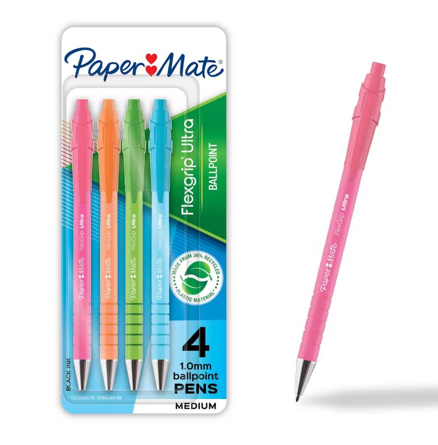 Stylo à bille rétractable pointe moyenne 1 mm Papermate Flexgip Ultra encre noire (paquet de 4)