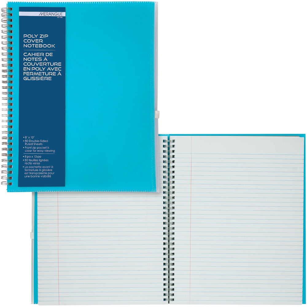 Cahier de notes 8 po x 10 po avec fermeture à glissière 160 pages Merangue bleu